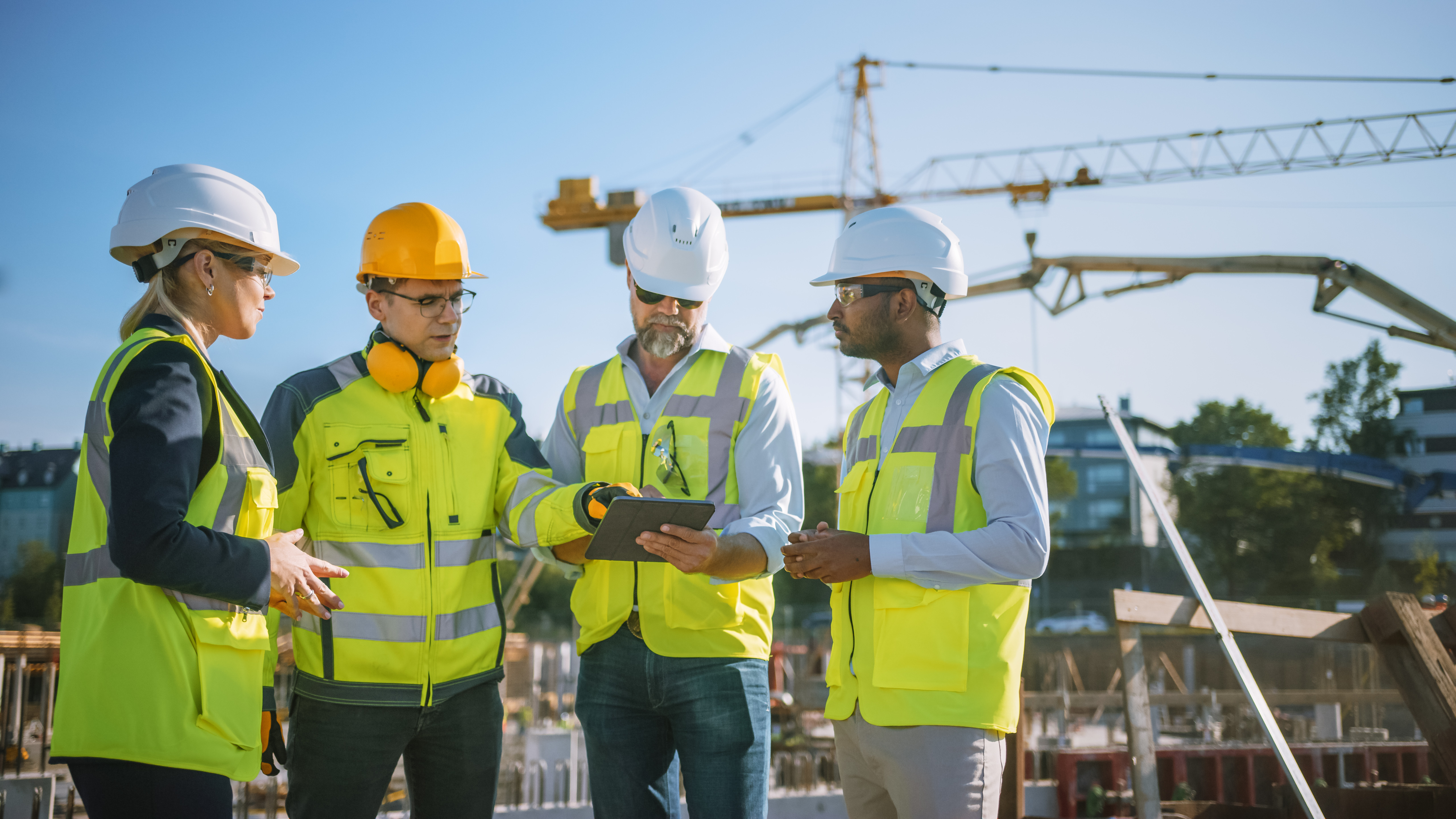 Workers checking mobile app